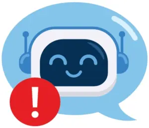 Ein kleiner Chatbot in Blautönen, davor ein rotes Schild mit weißem Ausrufezeichen